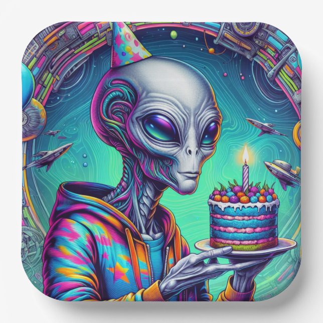 Alien holding Birthday Cake  Paper Plates (Front)