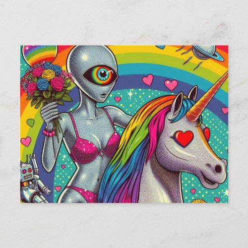 Alien in a bikini on a Unicorn Postcard