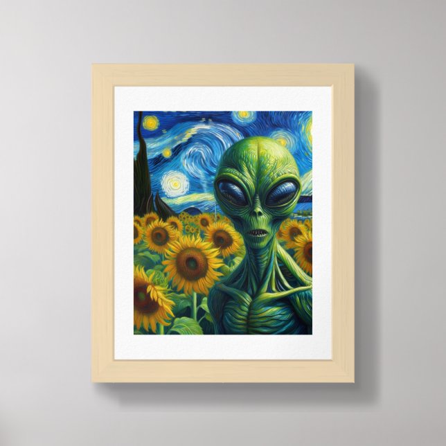 Alien in a Faux Van Gogh Sunflower Field Framed Art (Framed Front)