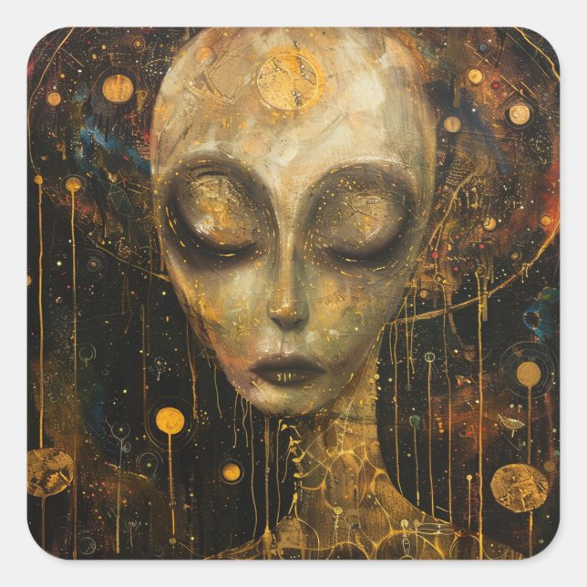 Alien in a Klimt Style Square Sticker (Front)
