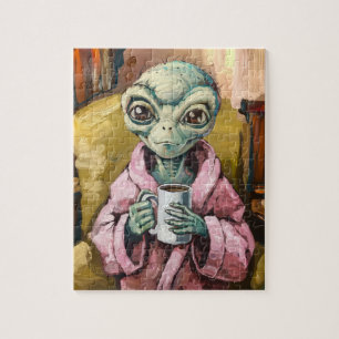Alien in a Pink Robe With Coffee Jigsaw Puzzle
