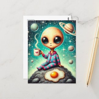 Alien in Blue and Pink PJs with a Coffee and Egg