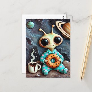 Alien in Blue PJs with a Coffee and Bagel