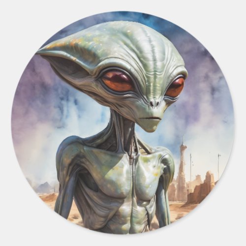 Alien in Desert City Classic Round Sticker