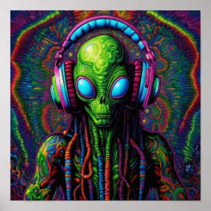 Alien in headphones art poster