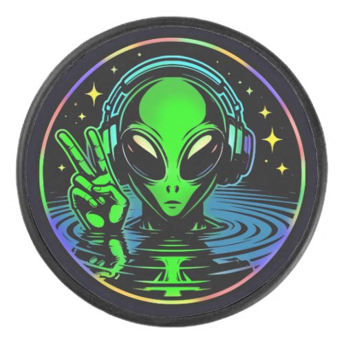 Alien in Headphones giving Peace Sign  Hockey Puck