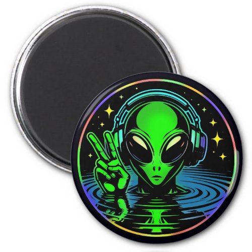 Alien in Headphones giving Peace Sign  Magnet