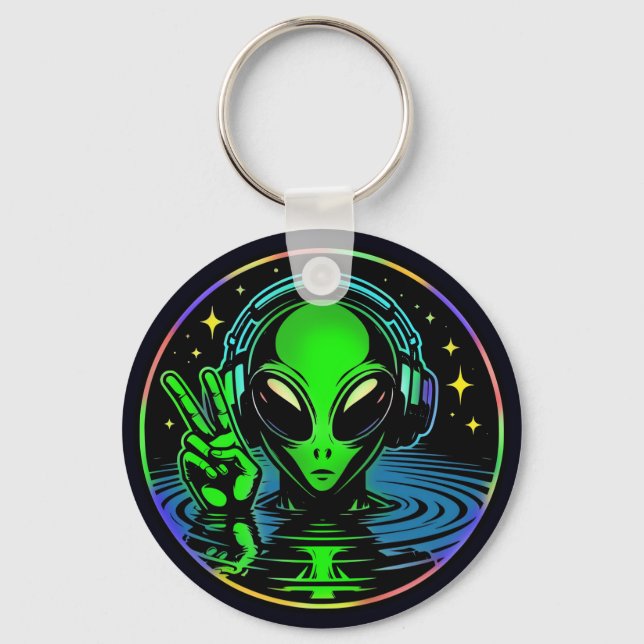 Alien in Headphones giving Peace Sign Personalized Keychain (Front)