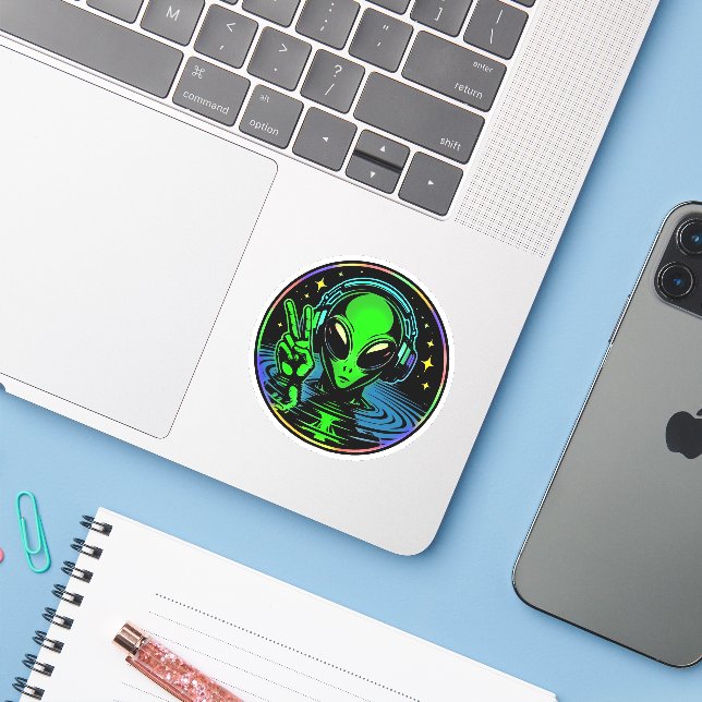 Alien in Headphones giving Peace Sign  Sticker (Laptop w/ iPhone)