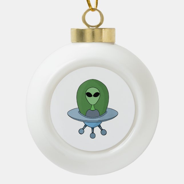 Alien in his little spaceship ceramic ball christmas ornament (Front)