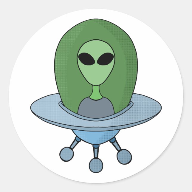 Alien in his little spaceship classic round sticker (Front)