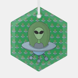 Alien in his little spaceship glass ornament
