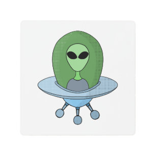Alien in his little spaceship metal print