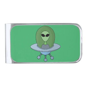 Alien in his little spaceship silver finish money clip