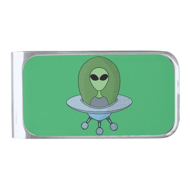Alien in his little spaceship silver finish money clip (Front)