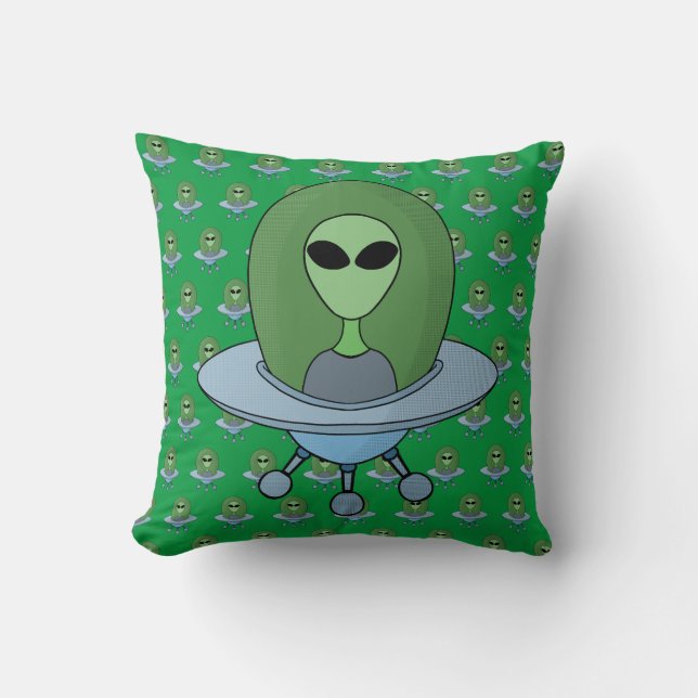 Alien in his little spaceship throw pillow (Front)