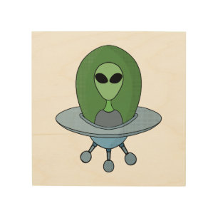 Alien in his little spaceship wood wall art