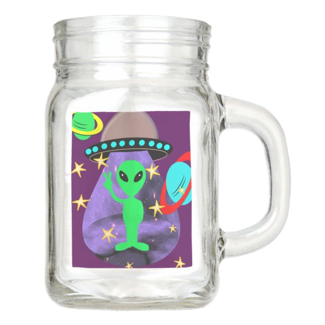 Alien In Outer Space fun Kids Cute Party Mason Jar (Front)