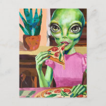 Alien in Pink Eating Pizza