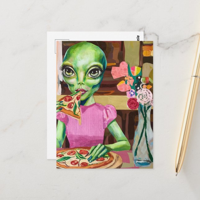 Alien in Pink Eating Pizza with a Flower Vase  Postcard (Front/Back In Situ)