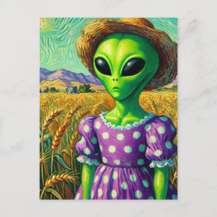 Alien in Polka Dot Dress and Straw Hat Wheat Field Postcard