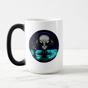 Alien in Water with Headphones giving Peace Sign Color Morph Mug