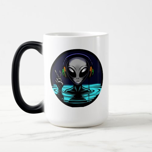 Alien in Water with Headphones giving Peace Sign  Magic Mug