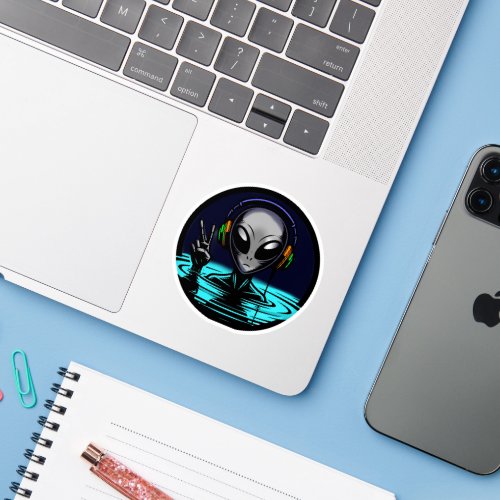 Alien in Water with Headphones giving Peace Sign  Sticker