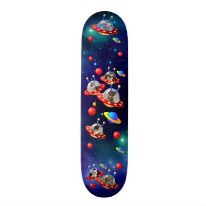 Alien invader kittens in UFOs flying through Space Skateboard