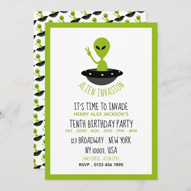 Alien Invasion, Birthday Invitation (Front/Back)