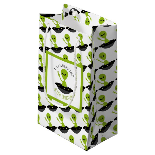 Alien Invasion, Birthday Small Gift Bag (Front Angled)