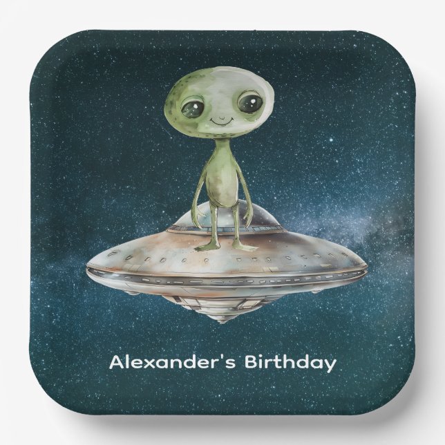 Alien Invasion Outer Space Birthday Paper Plates (Front)