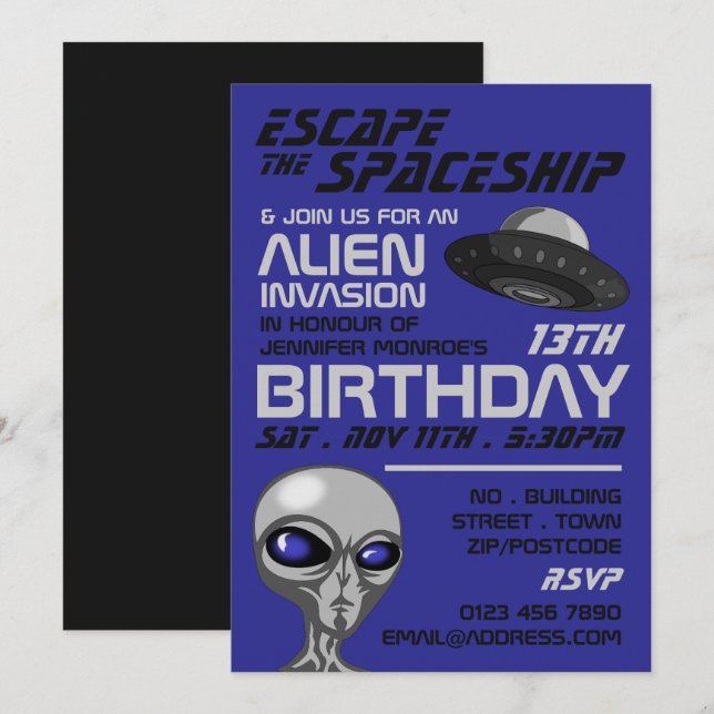 Alien Invasion Theme, Escape Room, Birthday Party Invitation (Front/Back)