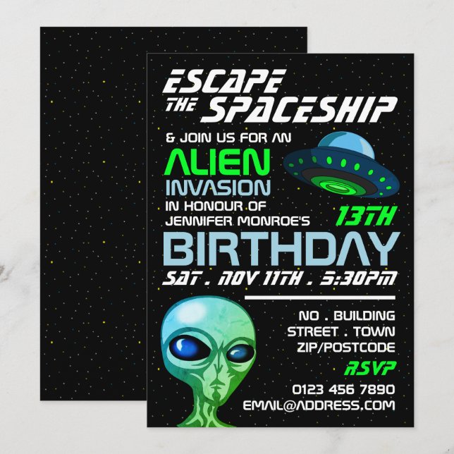 Alien Invasion Theme, Escape Room, Birthday Party Invitation (Front/Back)