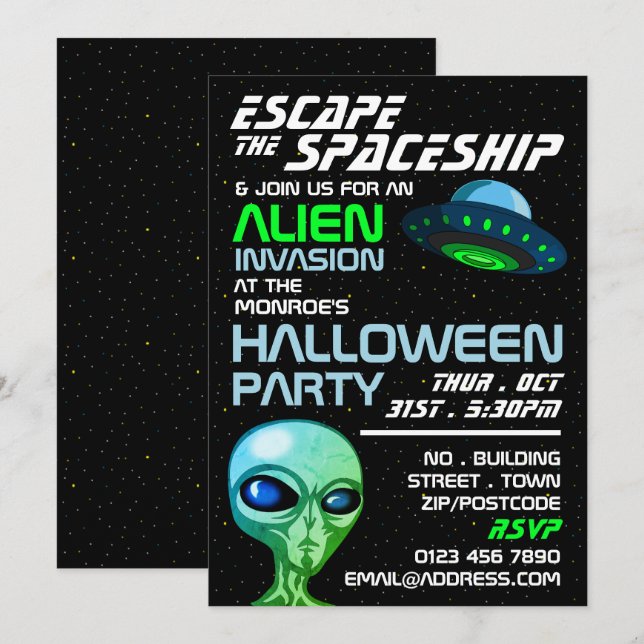 Alien Invasion Theme, Escape Room, Halloween Party Invitation (Front/Back)