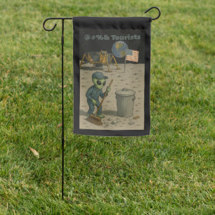 Alien Janitor Cleans Up Lunar Tourists’ Mess Garden Flag