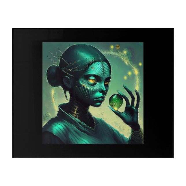 Alien Lady Holds Transparent Glass Object Acrylic Print (Front)