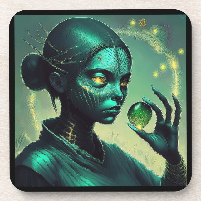 Alien Lady Holds Transparent Glass Object Beverage Coaster (Front)