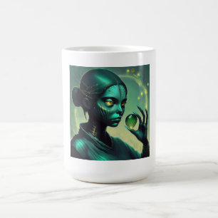Alien Lady Holds Transparent Glass Object Coffee Mug