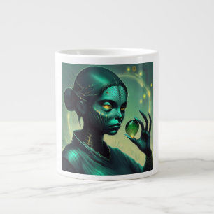 Alien Lady Holds Transparent Glass Object Giant Coffee Mug