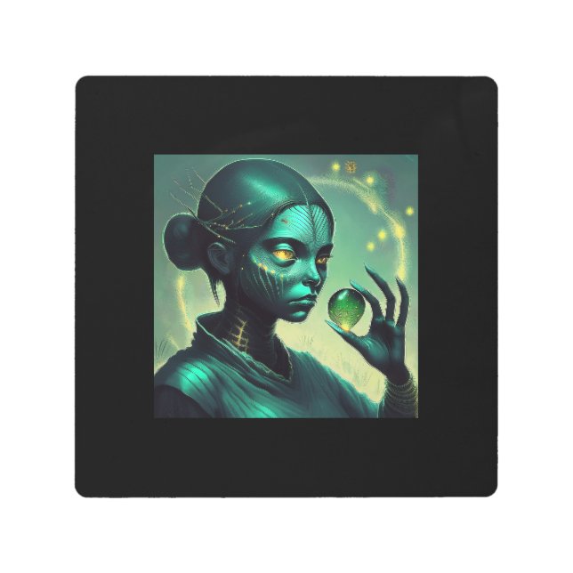 Alien Lady Holds Transparent Glass Object Metal Print (Front)