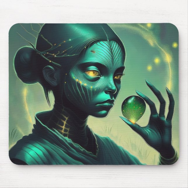 Alien Lady Holds Transparent Glass Object  Mouse Pad (Front)