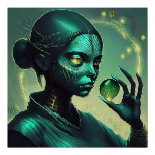 Alien Lady Holds Transparent Glass Object Poster