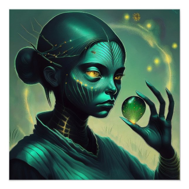 Alien Lady Holds Transparent Glass Object Poster (Front)