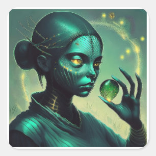 Alien Lady Holds Transparent Glass Object  Square Sticker
