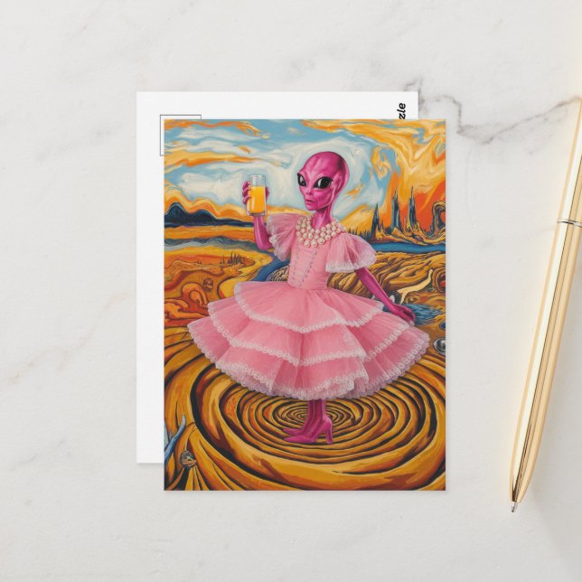 Alien Lady in Pink With Orange Juice Postcard (Front/Back In Situ)