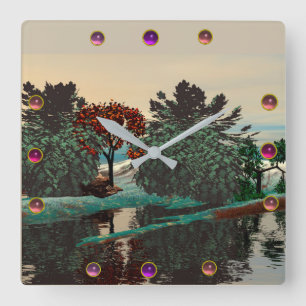 ALIEN LANDSCAPE,TREES,LAGOON HYPERION Sci Fi Square Wall Clock