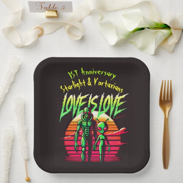 Alien Lovers Glowing Under Sunset Paper Plates (Wedding)