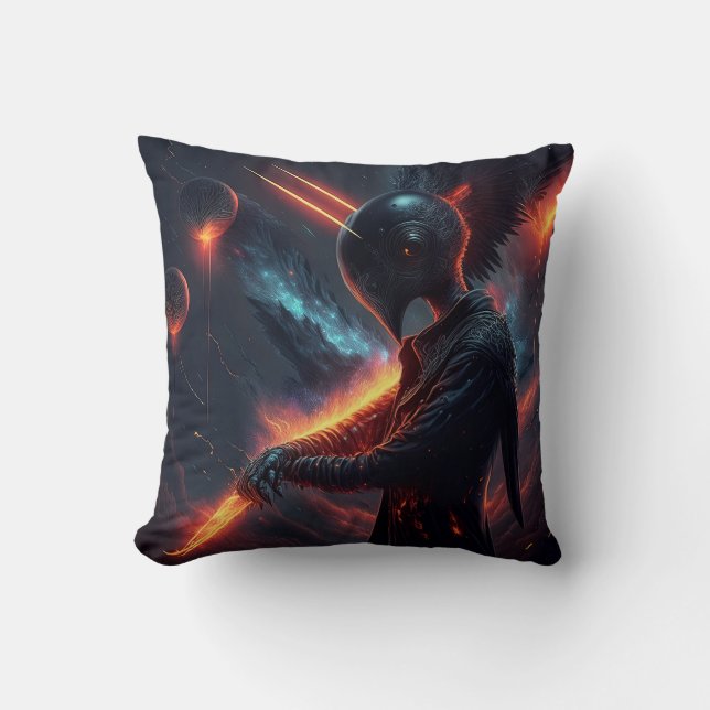 Alien Manipulating Fire Beam Throw Pillow (Front)