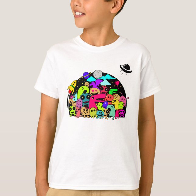 Alien Monster Creatures In Space Doodle Design T-Shirt (Front)